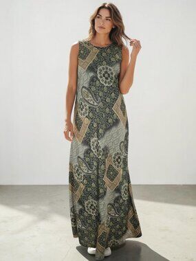 VTG 90s Maxi Dress Sleeveless Sz 12 Green Floral Paisley Fairy Grunge